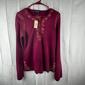 American Eagle Outfitters Burgundy Floral Embroidered Long Sleeve Top LARGE‎ NWT